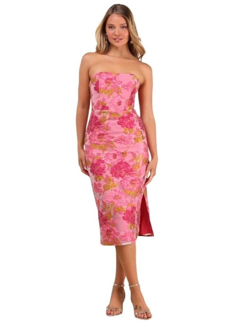Women's - Lulus Upgraded Event Pink Jacquard Strapless Bustier Midi Dress, Size